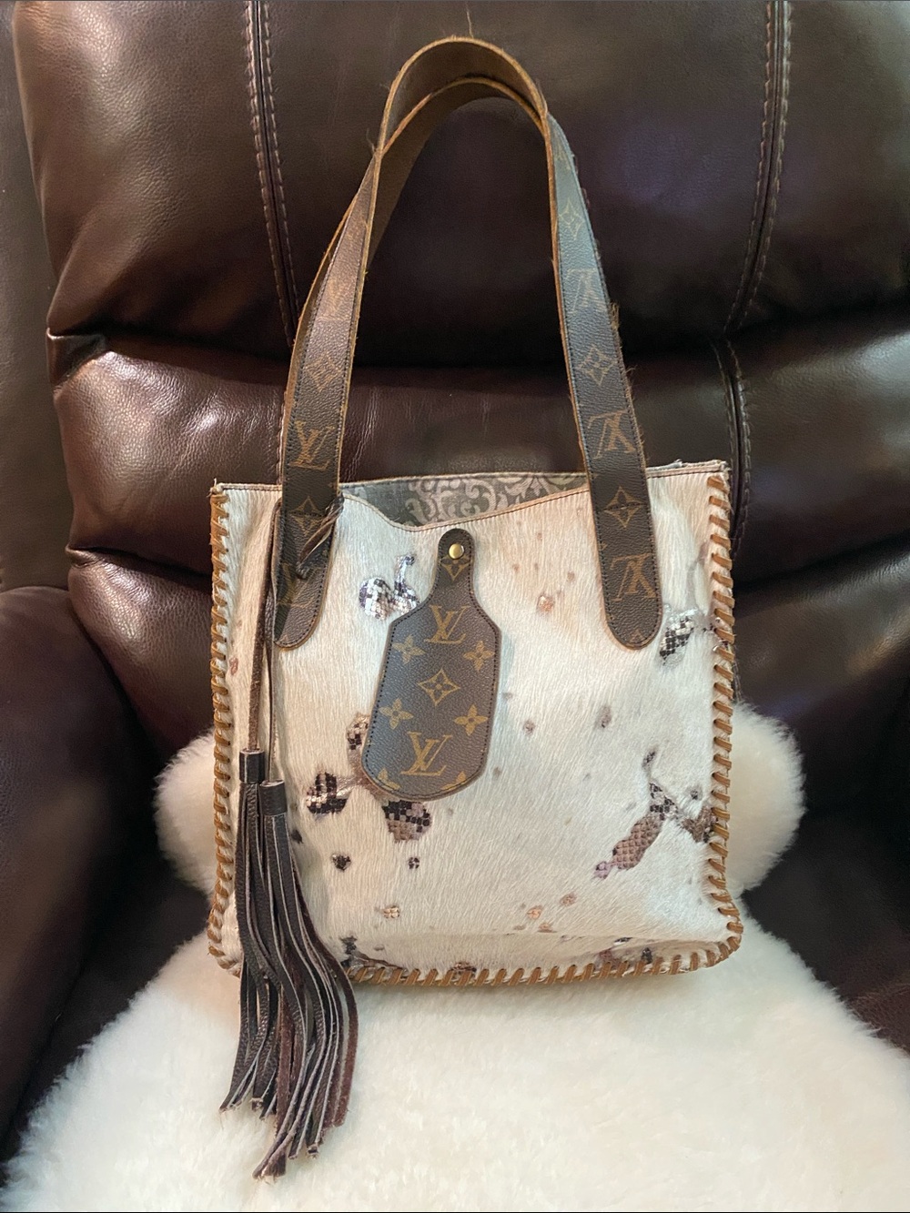 Louis Vuitton White Haircalf Tote with Monogram Trim and Tassel - Picture 2 of 8